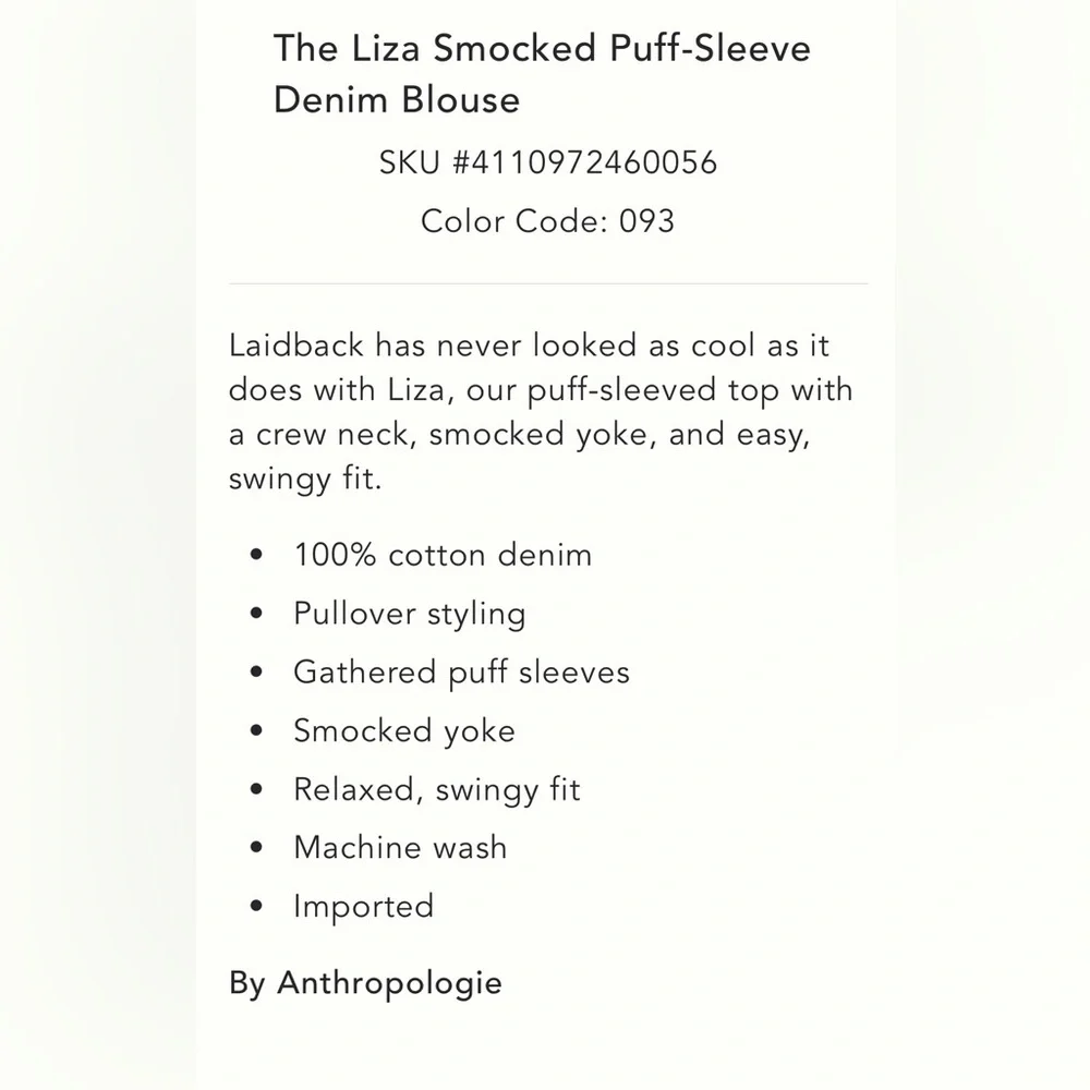Anthropologie Women's Blue Liza Smocked Top with puff sleeves Large - Picture 6 of 9